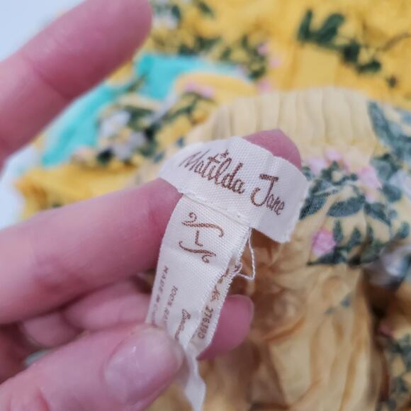 Matilda Jane Dress Women Small Yellow Floral Off Shoulder Ruffle Hem Aqua Boho - Picture 3 of 8